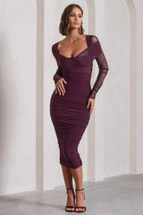 between the lines | plum ruched mesh long-sleeved bodycon midi dress