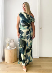 Flirtini One Shoulder Maxi Dress - Forest Abstract