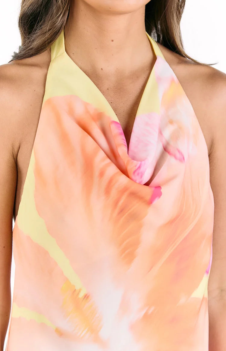 Zyla Yellow Hibiscus Floral Print Cowl Mini Dress