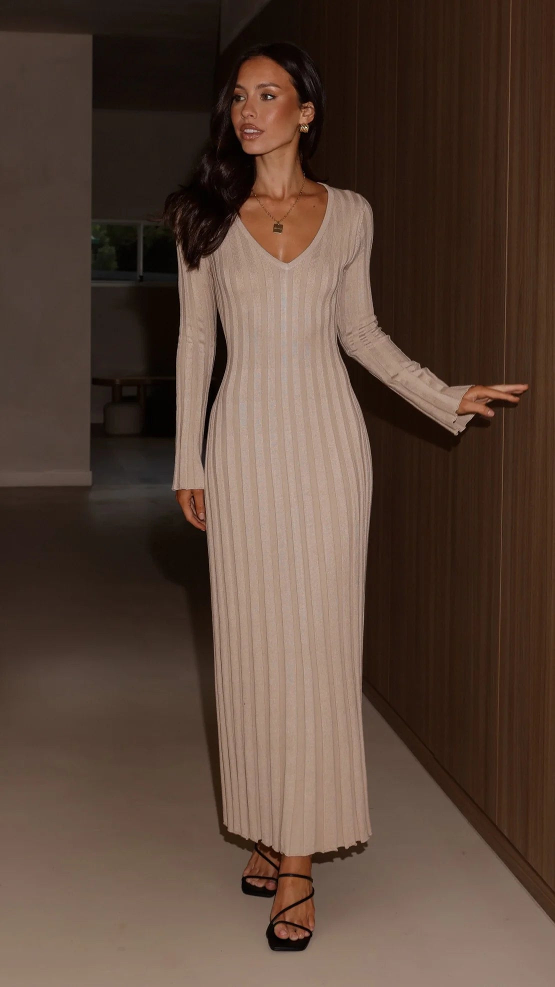 Cyra Long Sleeve Maxi Dress - Beige