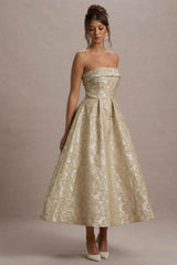 zuma | gold metallic jacquard strapless midi dress