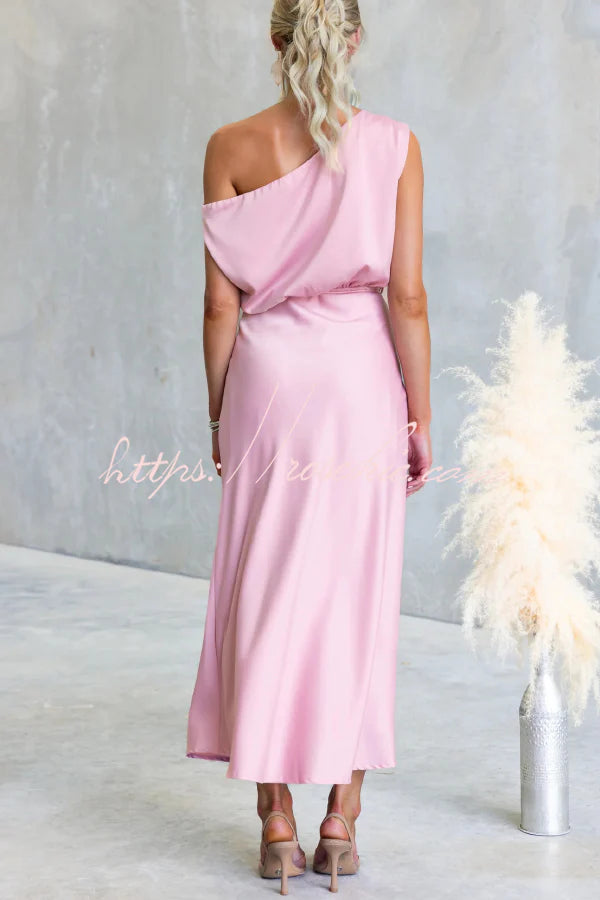 Solid Color One-shoulder Sleeveless Belted Casual Maxi Dress