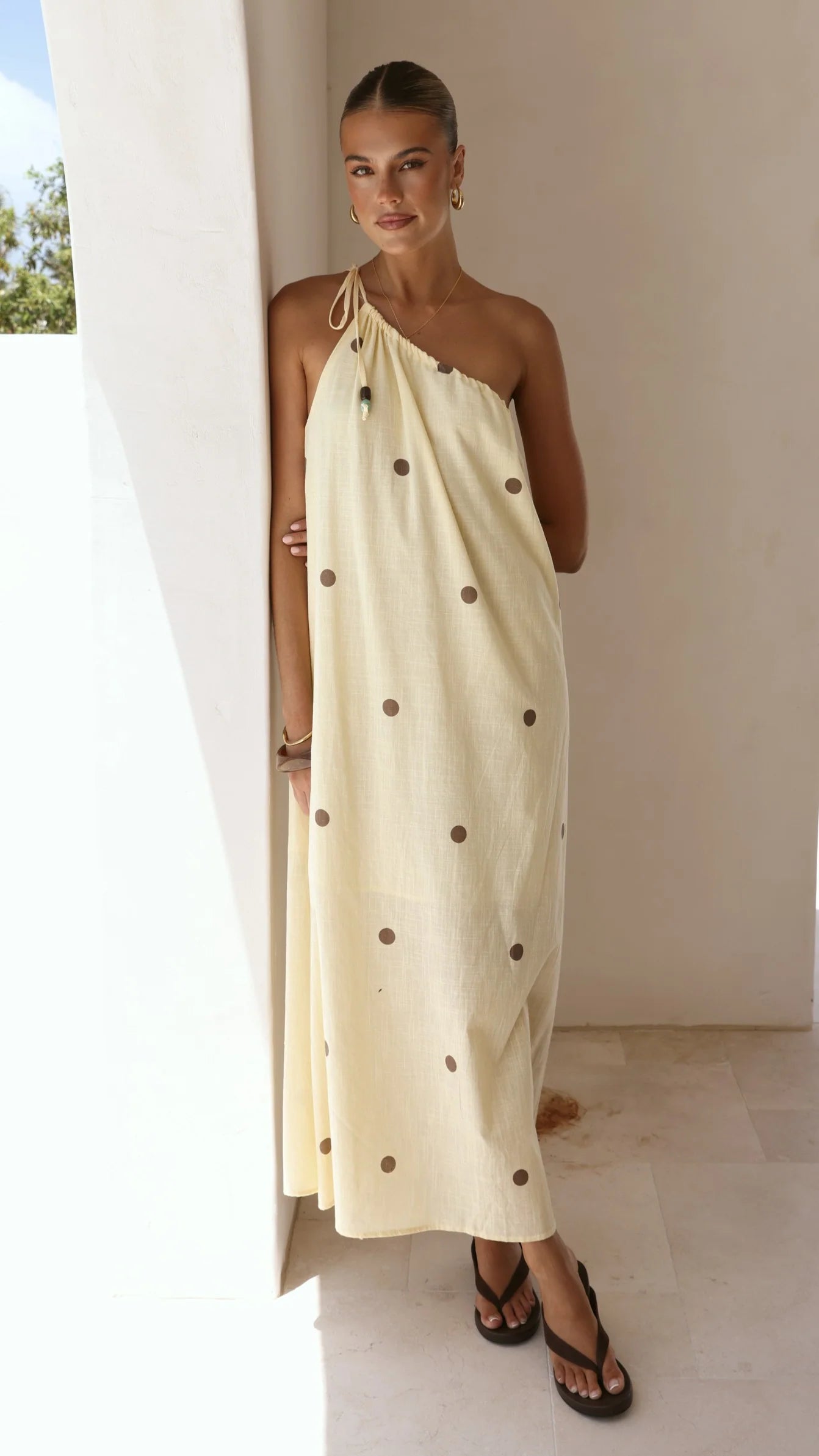 Nasira One Shoulder Maxi Dress - Yellow/Chocolate Polka