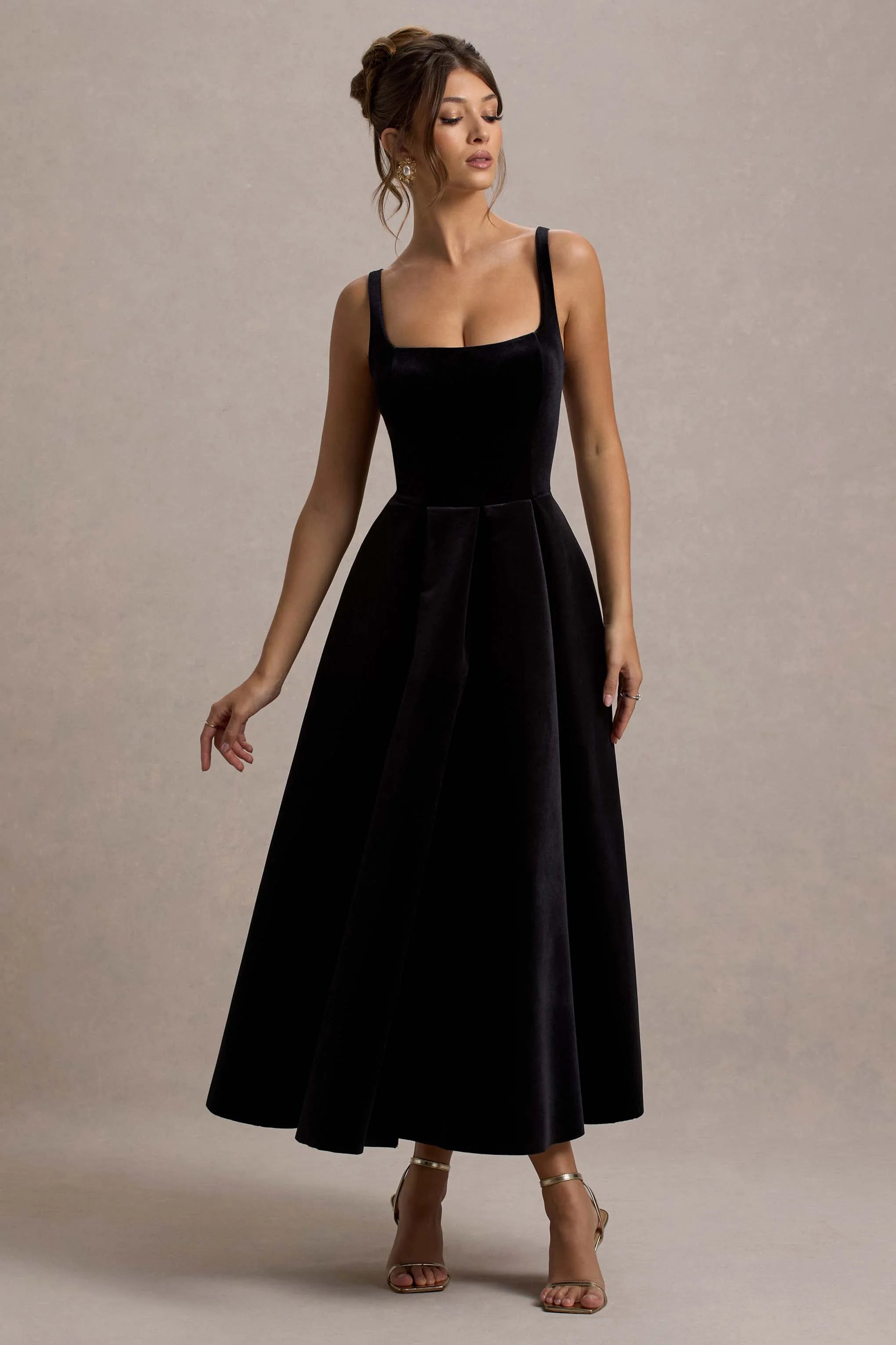 francisca | black velvet strappy volume-hem midi dress