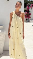 Nasira One Shoulder Maxi Dress - Yellow/Chocolate Polka