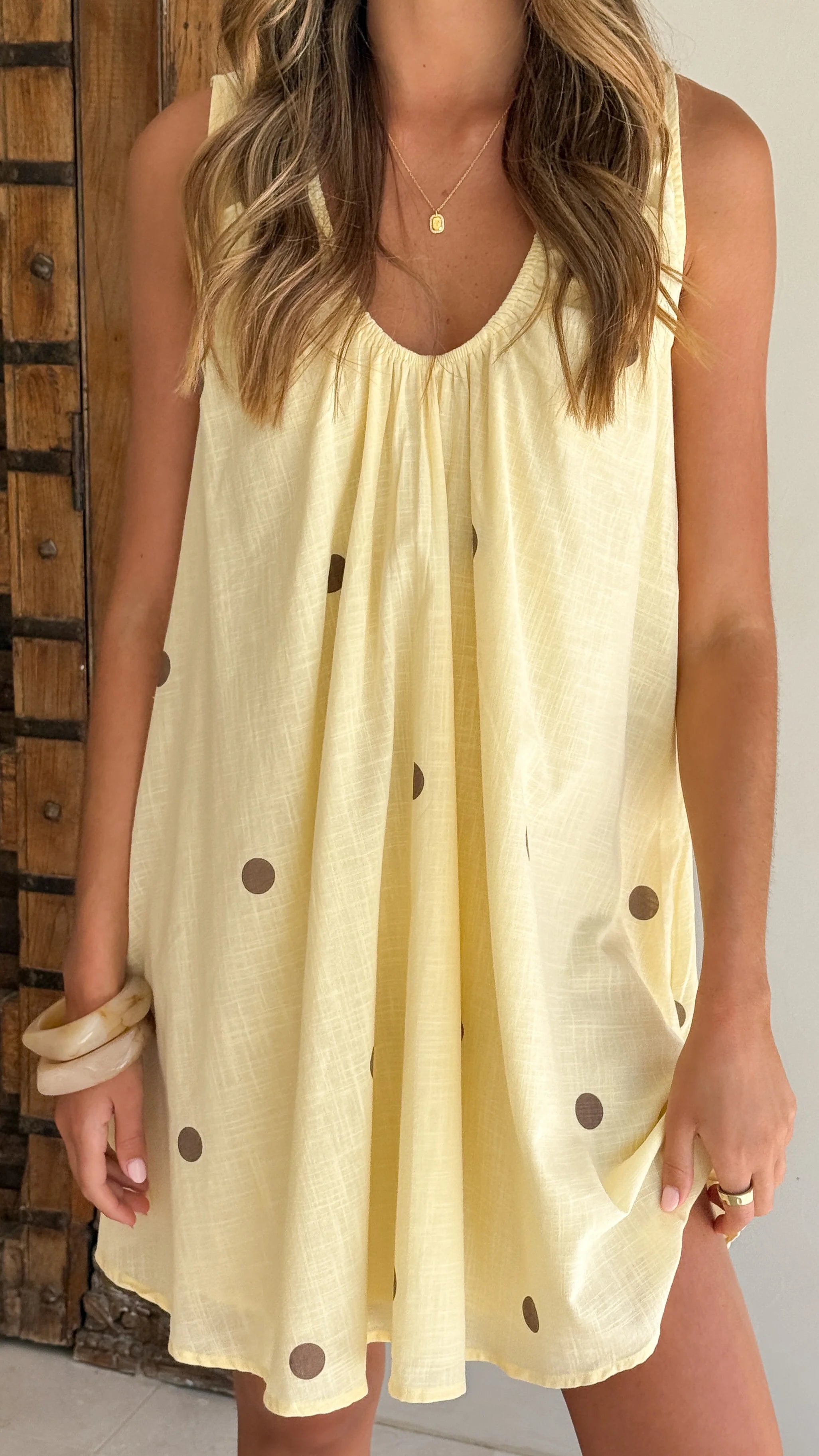 Alaya Mini Dress - Yellow/Chocolate Polka
