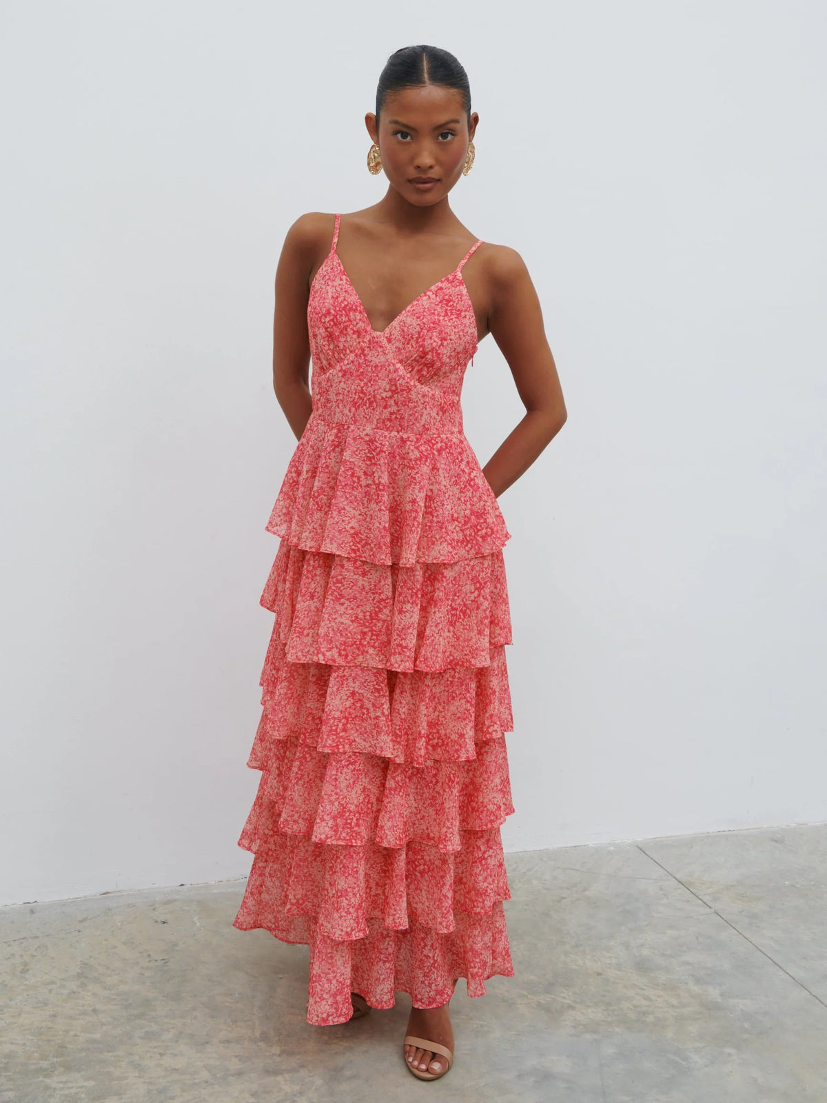 Lissy Ruffle Midaxi Dress - Pink Multi Abstract Print