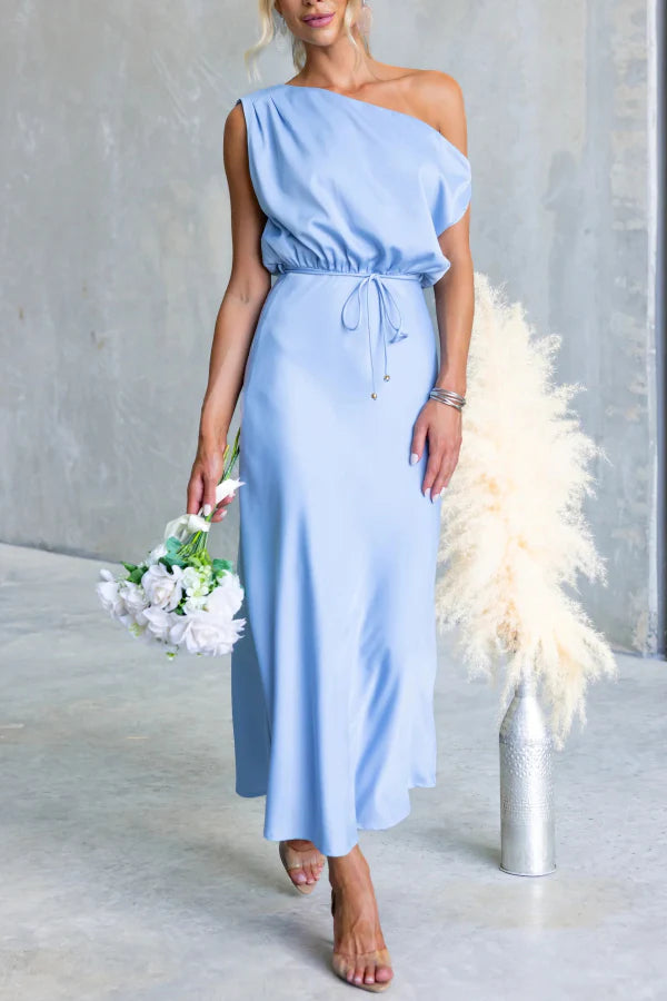 Solid Color One-shoulder Sleeveless Belted Casual Maxi Dress